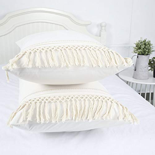 YINFUNG Tassel Pillow Shams King Boho Macrame Ivory Pillowcase Set of 2 Fringe Cream Off White Beige Cute Elegant Crochet Pretty 100% Cotton Romantic 20x36