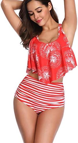 Donnalla Swimsuit for Women Two Pieces Bathing Suits Ruffled Top with High Waisted Bottom Tankini Set