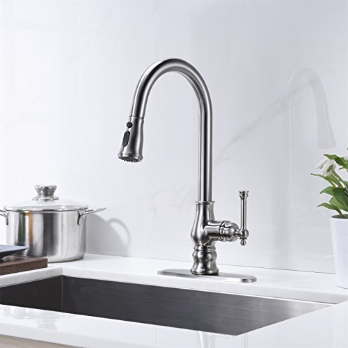 Kitchen Faucet Brushed Nickel with Pull Out Sprayer Delle Rosa Single Handle High Arc Swivel Brass Pre-rinse Kitchen Sink Faucets with Deck Plate