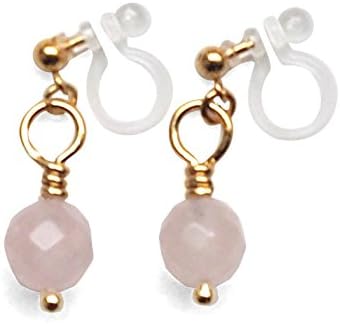 Miyabi Grace Women's Pink Rose Quartz Gemstone Drop Invisible Clip On Earrings Gold tone