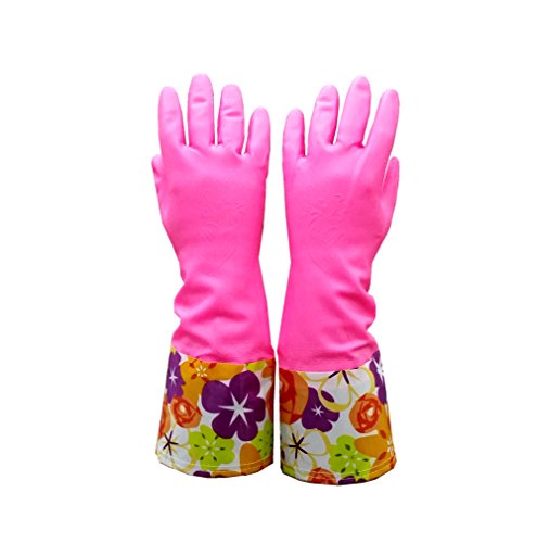 Cute Cleaning Gloves Kitchen Gloves VANORIG Thickening Waterproof Dish Washing Gloves Household Gloves with Lining ,1 Pair (Flowers-02)