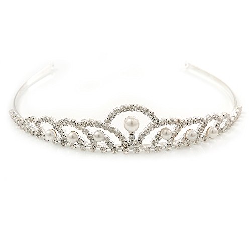 Princess Bridal/ Wedding/ Prom Rhodium Plated Austrian Crystal White Simulated Glass Pearl Tiara