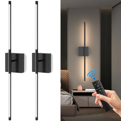 Photo 1 of Battery Operated Wall Sconces Set of Two, Rechargeable Wall Lights with Remote Control, Dimmable 3000K-6000K LED Wall Lamp, 360°Rotate, Long Wireless Sconces for Living Room, Bedroom, Black - 32 Inch