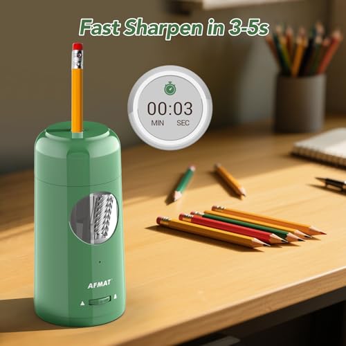 AFMAT Electric Pencil Sharpener, Rechargeable Automatic Pencil Sharpener for Jumbo & Colored Pencils (7-11.5mm), Auto in/Out, Hands-Free, Large Shaving Box, Portable for Kids/Home/Classroom/School