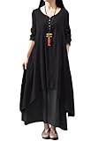 Romacci Women Boho Dress Casual Irregular Maxi Dresses Vintage Loose Long Sleeve Cotton Linen Dress, Black, XX-Large
