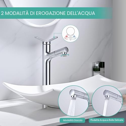 Tall Bathroom Faucet with 2 Modes Pull-Out Shower, DETBOM Basin Mixer, Single Lever Taps, Suitable for Countertop Washbasin, Removable Aerator, Hot/Cold Water, Lead-free, Chrome