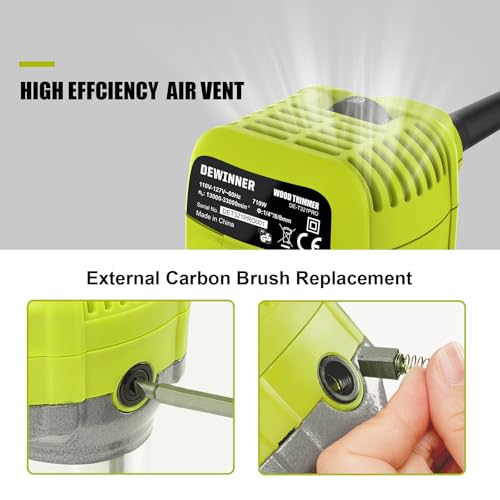 DEWINNER Electric Palm Router Tool, 710W Compact Wood Router Trimmer with Metal Base, 6Variable Speeds Router for Woodworking, Trimmer Router with hand Bag, 15pcs Palm Router Bits for Handwork and DIY