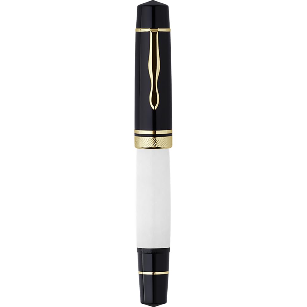 erofa Majohn P139 Piston Resin Fountain Pen Medium Nib with Box, Brass Piston System Large Capacity Writing Pen, Black White