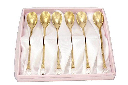 24 Karat Gold Plated Flatware Tea Spoons with a Clear Crystal Jeweled Tip Set of 6