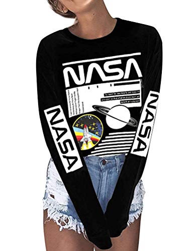 Women Long Sleeve Crew Neck White NASA Letter Print Shirt Tops Blouse Sweatshirt (M, Black)