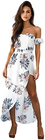 MMUA Women Vintage Boho Long Maxi Evening Party Beach Dress Floral Sundresses (S, White)