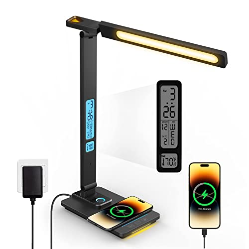 LED Desk Lamp with Wireless Charging - Table Lamp with 10 W Charger, USB Charging Port, Rotating Folding Desk Lamp, Dimmable 5 Levels Touch, 3 Modes