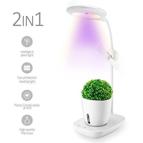 Relassy LED Desk Lamp and Plant Grow Light in One, Eye-caring Table Lamps and Full Spectrum Growing lamp, with Hydroponic Pot, USB Charging Port, Touch Control, Air Circulation Fan