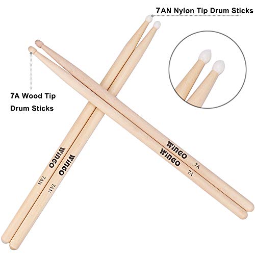 7A/7AN Drum Sticks with Wood Tips or Nylon Tips - WINGO 2 Pack Maple Drumsticks with Carrying Bag Holder - Thumbnail 5