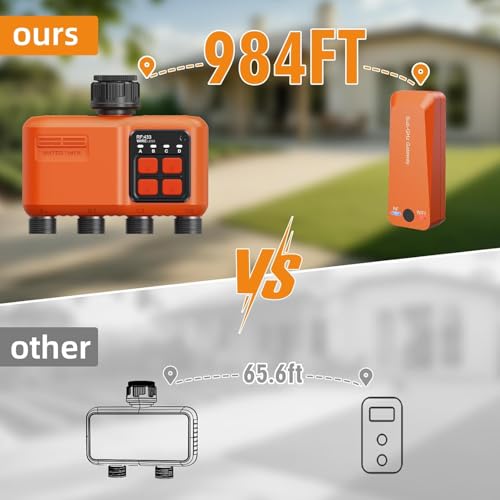 XinFuture Irrigation Computer WLAN 4 Outputs with 300 m RF, Strong Wall Penetration, Automatic Smart Watering Clock with APP/Voice Control, Irrigation System Rain Delay for Garden
