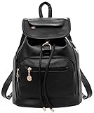 Coofit Women Black Leather Backpack for Girls Drawstring Schoolbag Casual Daypack