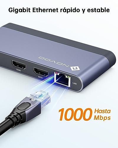 Dual Monitor Laptop Docking Station - 8 in 1 USB C Multiport Adapter with 2 HDMI 4K 60Hz, 1Gbps Ethernet, 100W PD, 2 USB 3.2, SD TF Card Reader Compatible with MacBook/DELL/HP/Lenovo