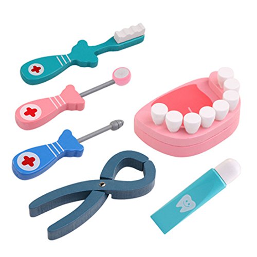 Haoun Doctor Kit 6Pcs Wooden Dentist Playset Role Play Kit Kids Pretend Play Emulational Dental Tool Set Toy for Kids Classroom