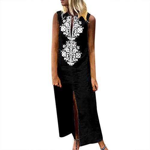 WEISUN Linen Maxi Dress Printed Sleeveless Dress Maxi O-Neck Split Hem Baggy Kaftan Women Long Dress
