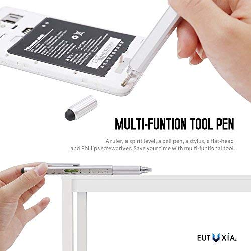 Eutuxia 6-in-1 Multitool Twist Retractable Ballpoint Pen, Ruler (In. & Cm.), Spirit Level, Touch Screen Stylus, Phillips & Flat Head Screwdriver. Mini Multifunction Tech Tool Kit. [Black 2 PK]