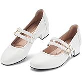 hingswink Mary Jane Shoes Women Double Straps 2 Inch Low Heels Dress Shoes Chunky Heels Closed Toe Pumps for Women Comfortable Dressy, PU White9.5