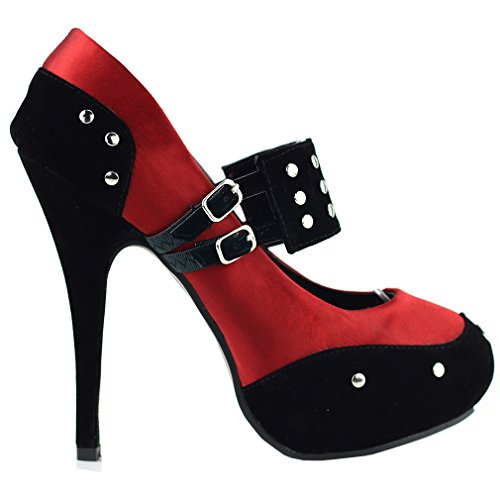 Show Story Black Red Two Tone Metal Stud Buckle High Heel Stiletto Platform Pumps,LF30438RD40,9US,Red