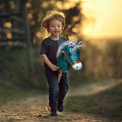 HollyHOME Sequin Unicorn Stick Horse with Wood Wheels Real Pony