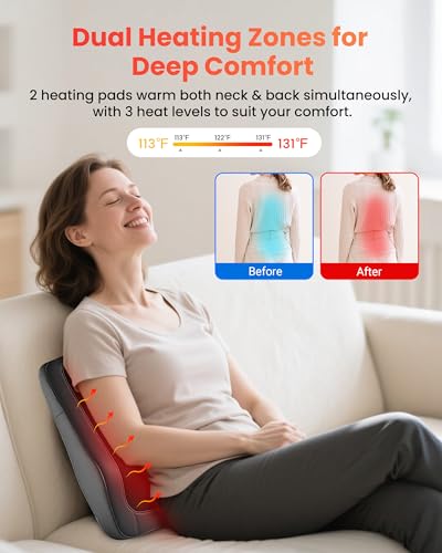 COMFIER Massager, Neck Massager with Heat, Shiatsu Back Massager with 4D Kneading Heads, Massage Cushion for Shoulder, Back, Legs, Gifts for Men and Women