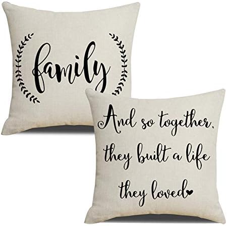 KACOPOL Rustic Farmhouse Quote Pillow Covers Farmhouse Decorative Cotton Linen Throw Pillow Case Cushion Cover with Words 18" x 18" Set of 2 Family, and so Together They Built a Life They Loved