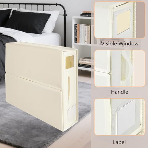 Bed Sheet Storage Box, 4 Pack Linen Organizer Set for Clothes & Duvet, Foldable Closet Bag with Window & Handle, SheetCube Container for Queen & King Size Bedding, السرير شراشف تخزين منظم, (Beige)