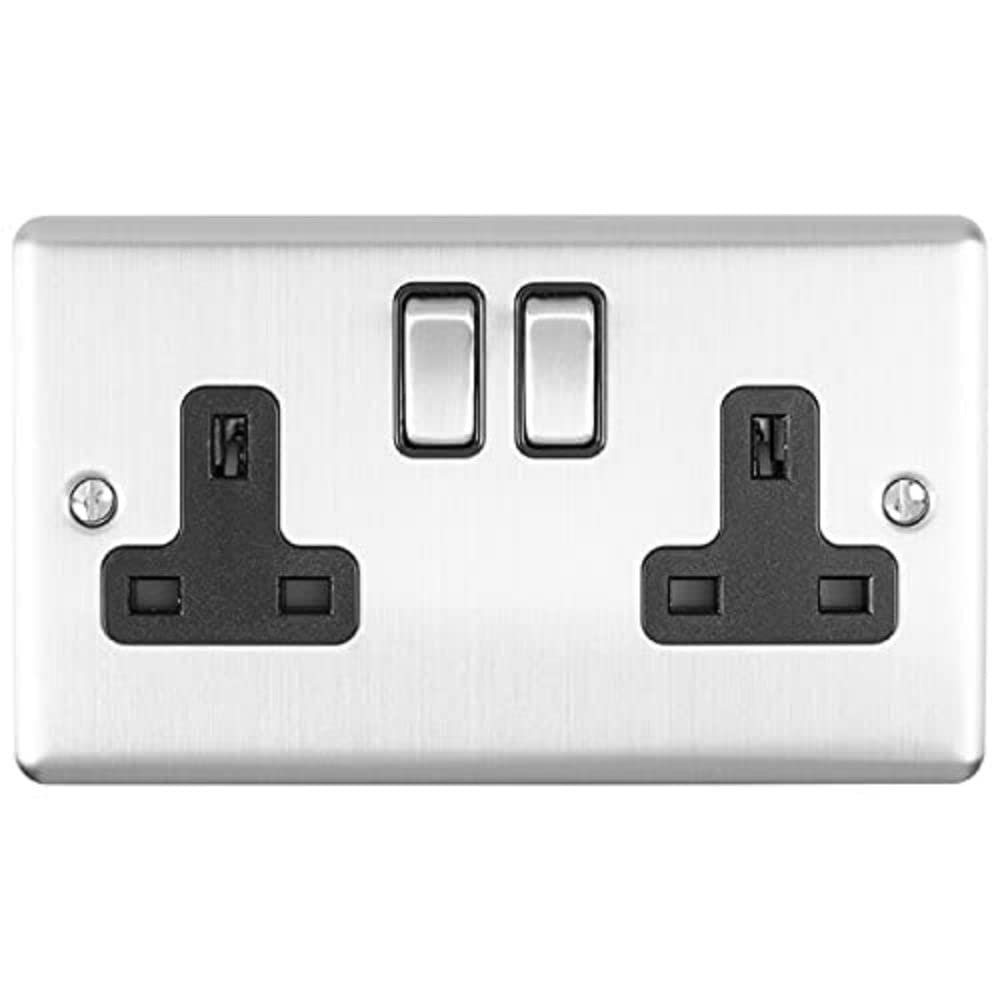 Eurolite Enhance Decorative 2 Gang Socket Satin Stainless Finish with Black Trim,EN2SOSSB — image 1