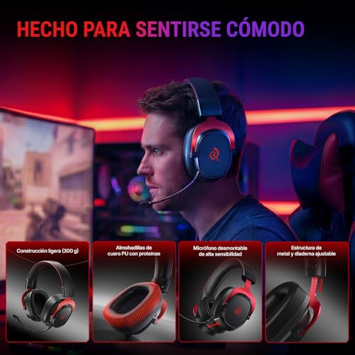 QCY Heroad VT200 Cascos Gaming Inalámbricos para PC/Ps5/Ps4/Switch/Mobile, 7.1 Sonido Envolvente, Auriculares Gaming con 2.4 GHz+Bluetooth 6.0, Duración 130H, Drivers 53mm, RGB -Rojo Negro