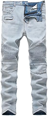 Myncoo Men's Biker Skinny Ripped Denim Jeans Bright Blue 32
