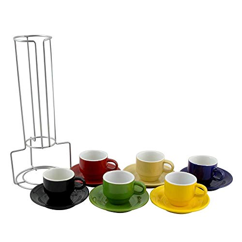 Stoneware Ceramic Espresso Cups Set - 13 Pc Colorful Stacking Espresso Cup and Saucer Set w/Rack - Thumbnail 2