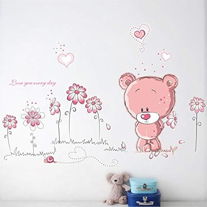 Dalongshan 3d Sticker Mural Dessin Animé Rose Ours Fleur
