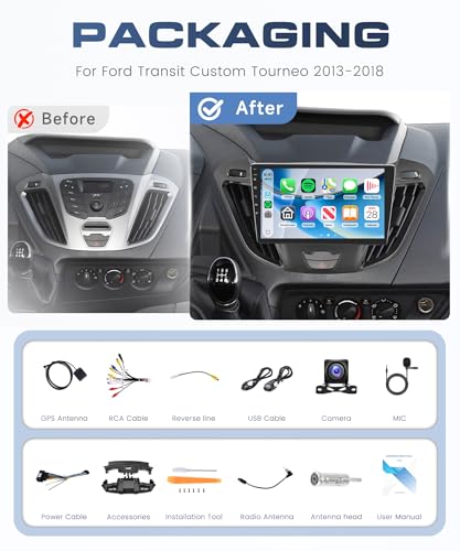 6G+128G 8 Cores Android Car Radio for Ford Transit Custom Tourneo 2013-2018, 9'' Touch Screen Carplay Android Auto Wireless FM/RDS/EQ/DSP WiFi GPS Panoramic 360° Steering Wheel Controls Reversing Camera