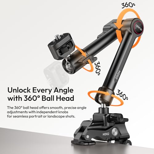 ULANZI HD02 10" Camera Magic Arm Super Clamp Kit with 360° Ball Head,Heavy-Duty Super Clamp,6.6lbs Load, 1/4"-20 & 3/8"-16 Mount, ARRI Pins, NATO Rail Articulating Friction Arm for DSLR/Monitor/Light
