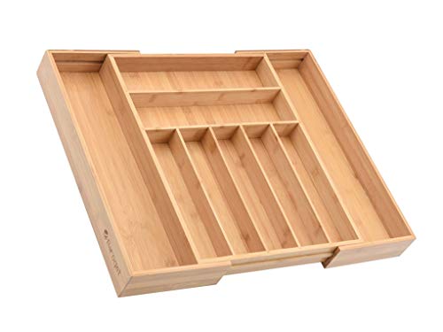 Baroget Premium Bamboo Kitchen Drawer Organizer(Expandable Tray) | Large, Extra Deep | 9 Compartments Store Silverware & Utensils, Cutlery Tray, Organic Bamboo