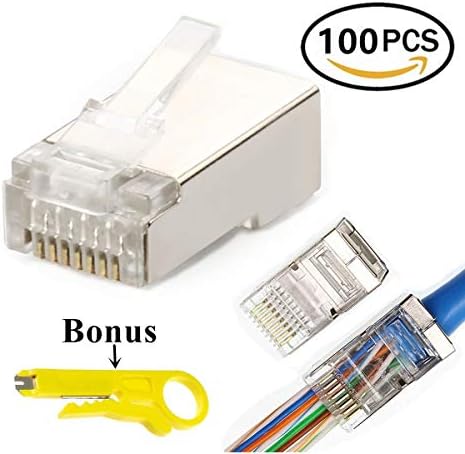 RJ45 CAT6 Connector - End pass through Ethernet 8P8C modular plug 100 Pack - Bonus Wire Stripper