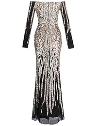 Angel-fashions - Vestido de baile para mujer con cuello de barco, manga larga, lentejuelas