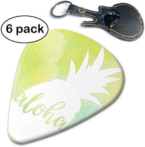 WB - Pineapple Aloha 351 Shape Classic Guitar Picks (6 Pack) For Electric Guitar, Acoustic Guitar, Mandolin, And Bass. Gift Leather Pick Holder Keychain (0.46mm, 0.71mm, 0.96mm)