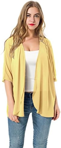 XINAO Women's Open Front Casual Solid Comfy Light Short Sleeve Chiffon Cardigan