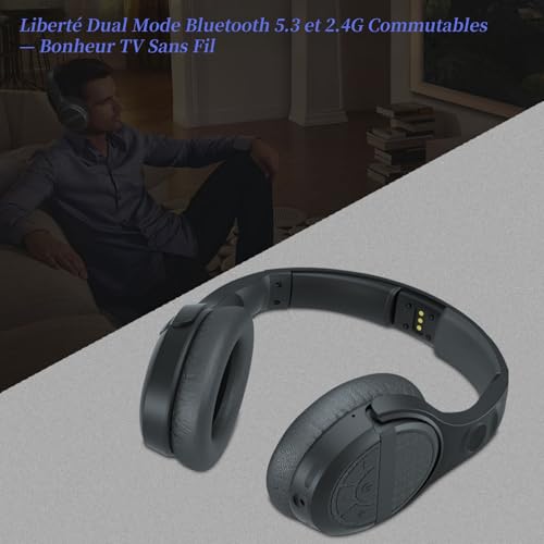 Wireless TV Headset for Seniors with Big Buttons, 15 Hours Battery Life & 0 Delay, Charging Station by Transmitter 2.4 GHz, Bluetooth Over-Ear, for Most TV, Optical-Compatible (TOSLINK)/RCA/3.5 mm