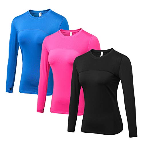 WANAYOU Women's Compression Tops Performance Athletic Long Sleeve Shirt Moisture Wicking Workout T-Shirt Tops (S(US2-4), 3 Pack(Black+Rose+Blue))