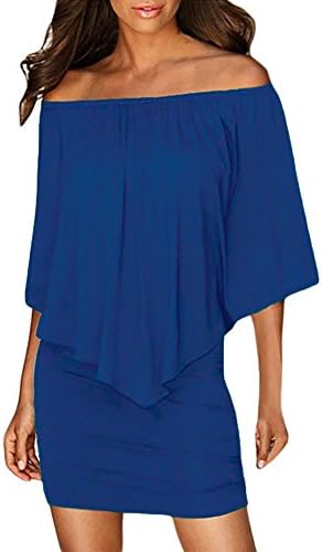 Uranus Women's Off Shoulder Multiple Dress Ruffle Sleeve Layered Party Cocktail Stretchy Dress Plus Size