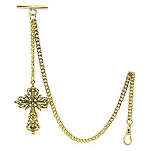 Gold Albert Chain Pocket Watch Curb Link Chain Fob T Bar + Swivel Clip + Religious Cross Fob AC81