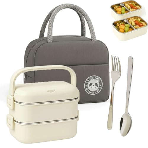 BitBloom Stainless Steel Lunch Box - 1400ml 2 -Layer Bento Box with Insulated Bag, Spoon & Fork, Leakproof, BPA-Free, Dishwasher Safe - Ideal for Kids & Adults, Office, School, Travel (Cream White)