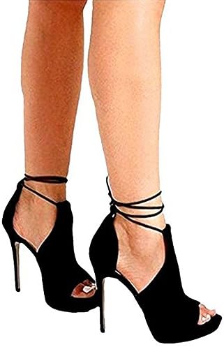 Huiyuzhi Womens Cross Tied Peep Toe Sandals High Heeled Pump (9 B(M) US, Black)