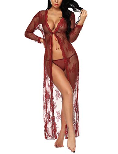 BESDEL Frauen Sexy Dessous Robe Durchsichtig Nachtwäsche Langes Spitzenkleid Kimono Cardigan – Bild 4