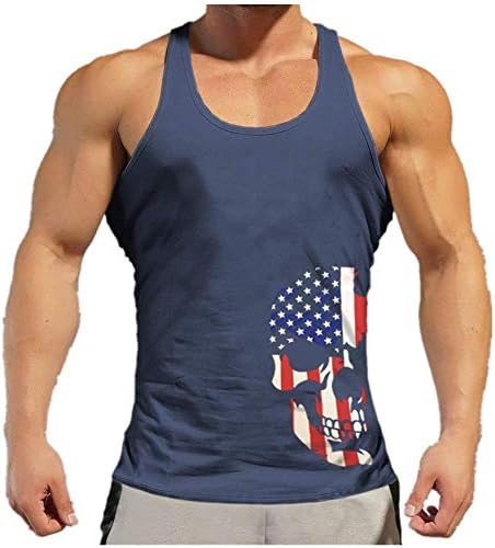 Mens American Skull Print Stringer Bodybuilding Gym Muscle Y-Back Fitness Vest Tank Top